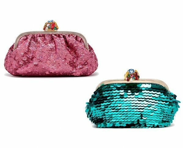 Модная мягкая сумка-клатч с рамочным замком с цветными камнями, декорированная крупными бирюзовыми блёстками или розовой тканью сложной фактуры от Dolce&Gabbana 2013-2013
