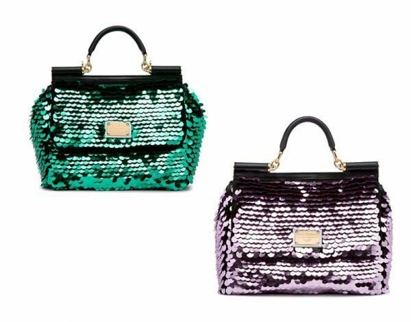 Модная сумка-саквояж с жёстким верхом и мягким контуром, украшенная изумрудными или сиреневыми блёстками от Dolce&Gabbana 2013-2013