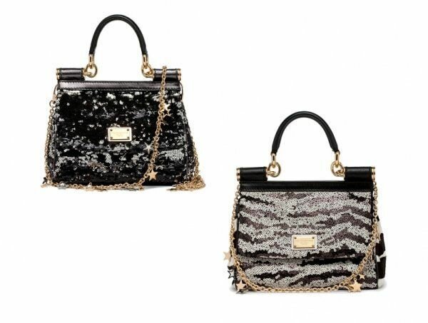 Модная элегантная сумочка с клапаном с золотой цепочкой через плечо, украшенная чёрными блёстками или принтом диких животных от Dolce&Gabbana 2013-2013
