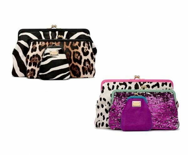 Модная сумочка с рамочным замком, маленькая вечерняя сумка и изящный кошелёк с фирменым лейблом, выполненные в сиренево-розовой гамме и с принтом диких животных от Dolce&Gabbana 2013-2013
