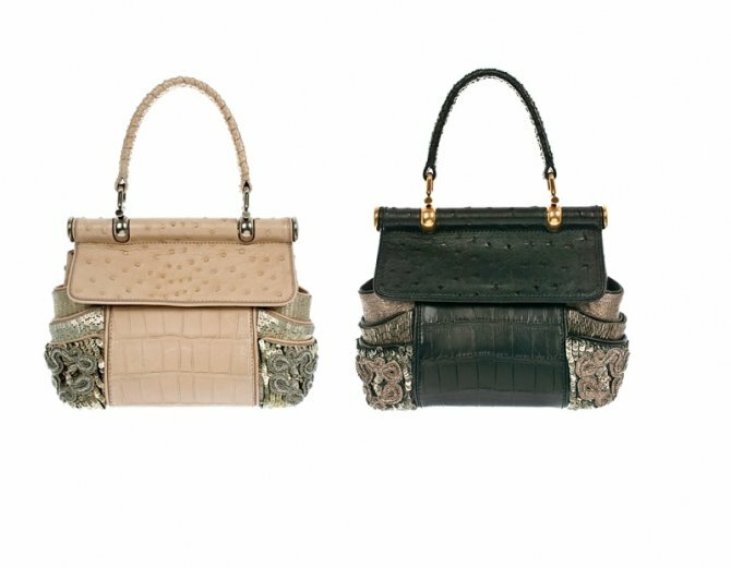 Модная сумка, комбинирующая перфорированную кожу, имитацию крокодила и лакированную кожу с узорной вышивкой из блёсток в бежево-серой гамме, а так же в чёрно-сером варианте из коллекции осень-зима 2013-2013 от Roberto Cavalli