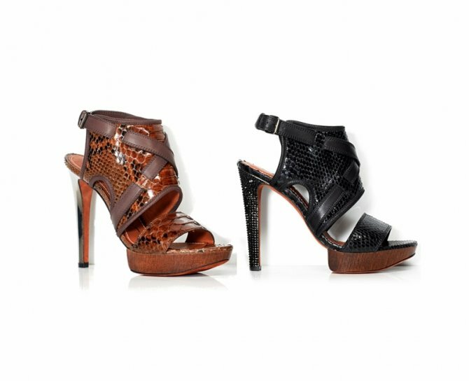 Модные босоножки на высоком каблуке-шпильке и платформе, выполненные в коричневой и чёрной гамме, из коллекции обуви весна 2013 от Lanvin. 