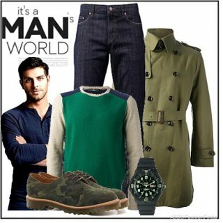 Мужское пальто болотно-зелёного тона двубортного фасона с широким поясом в сочетании с тёмно-синими джинсами, пуловером серо-зелёных оттенков и туфлями цвета хаки.