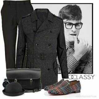 Мужское зимнее пальто угольного оттенка двубортного фасона в сочетании с классическими чёрными брюками, сумкой чёрного цвета и стильными разноцветными туфлями клетчатого принта.